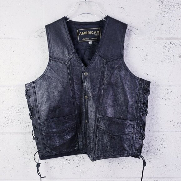 Vintage Other - Vintage 90s y2k Black Leather Snap Front Vest Lace Up Sides V-Neck Men's SIze 44